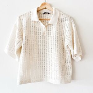 Zara Cream Openwork Women Knit Polo T-shirt Size Small